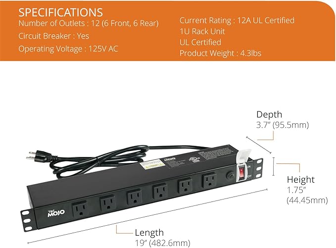 Tecmojo 1U Rackmount Network-Grade PDU Power Strip, 12 Wide-Spaced Right Angle