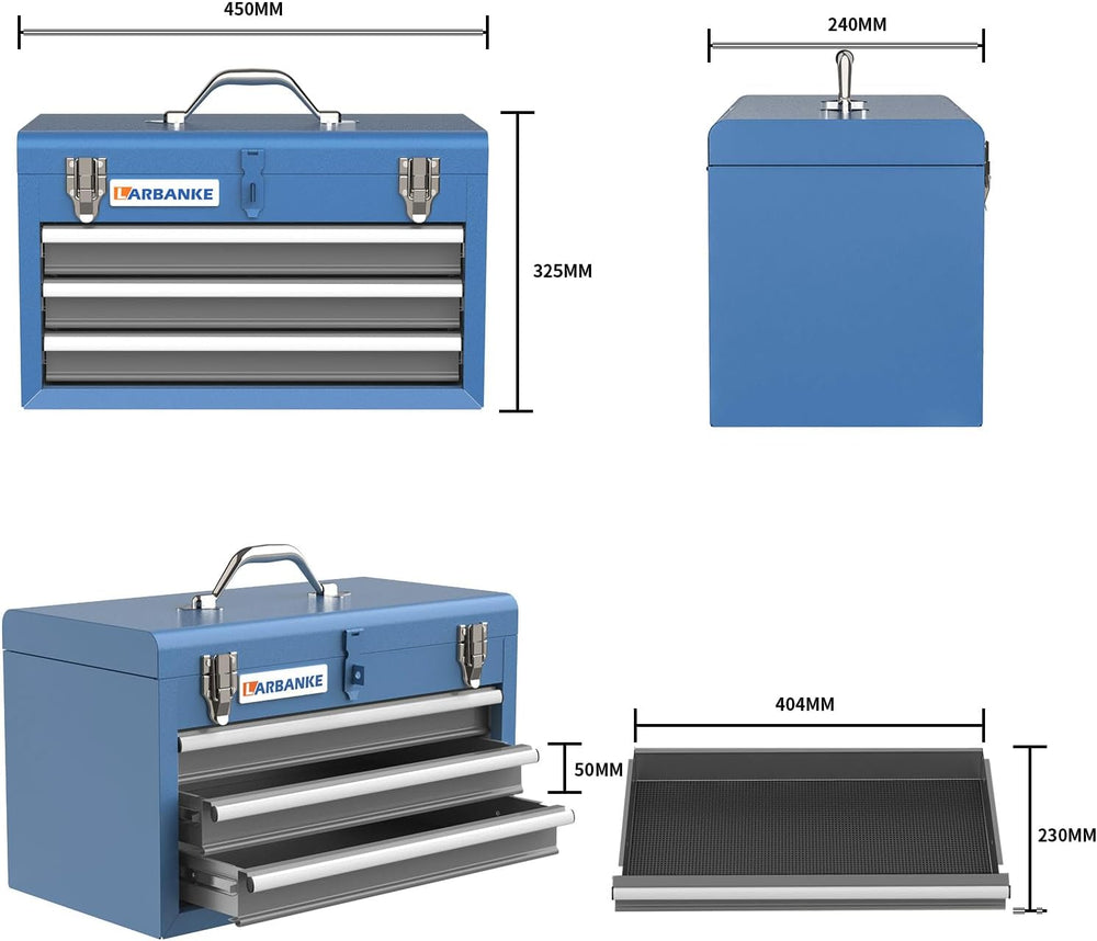 LARBANKE Metal Tool Box,3 Drawer Tool Box with Top Storage Tray, Portable Too...
