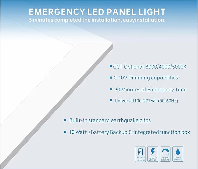2X2 LED Flat Panel Light Emergency Battery Backup, 40W-3000K/4000K/5000K (4 P...