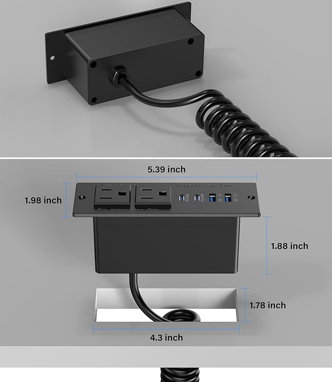 Recessed Power Strip USB C 65W Fast Charging Station, in Drawer Outlet