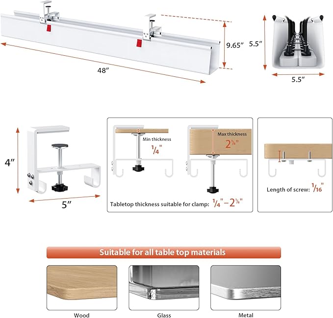 Univivi No Drill Under Desk Cable Management Tray, Clamp/Screw Mount Desk Cable