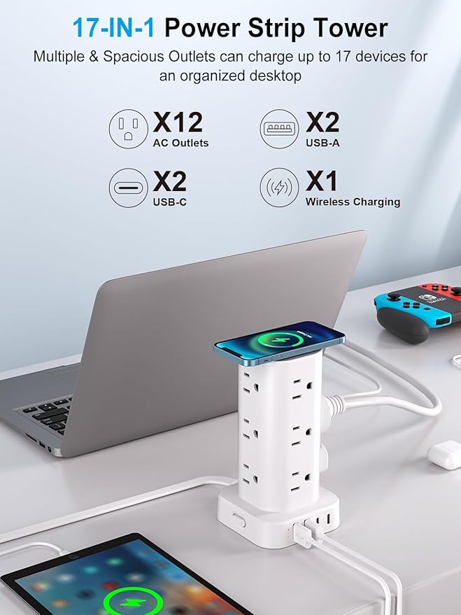 Power Strip Tower with Wireless Charger, Flat Plug Surge Protector Tower with
