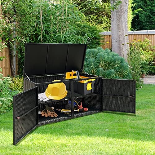 HAPPYGRILL Deck Box Outdoor Wicker Storage Box Cabinet, 88 Gallon Patio Ratta...