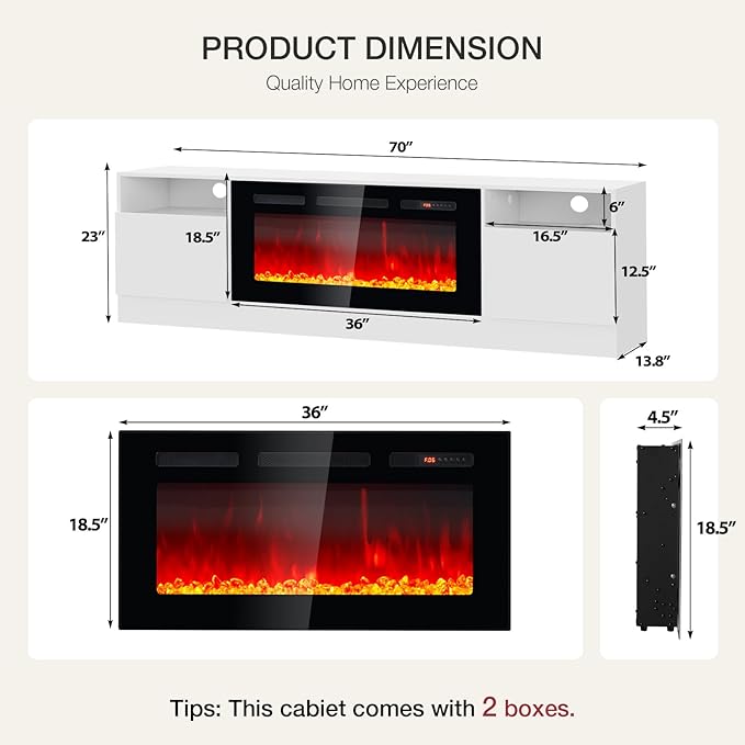 YISUFO 70" TV Stand with 36" Electric Fireplace, Large Modern Media