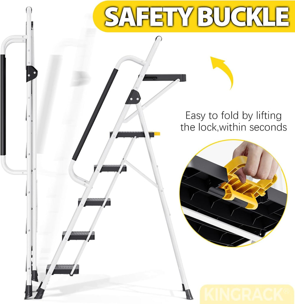 KINGRACK 5 Step Ladder, Folding Step Ladders for Home, 800lb Capacity,White