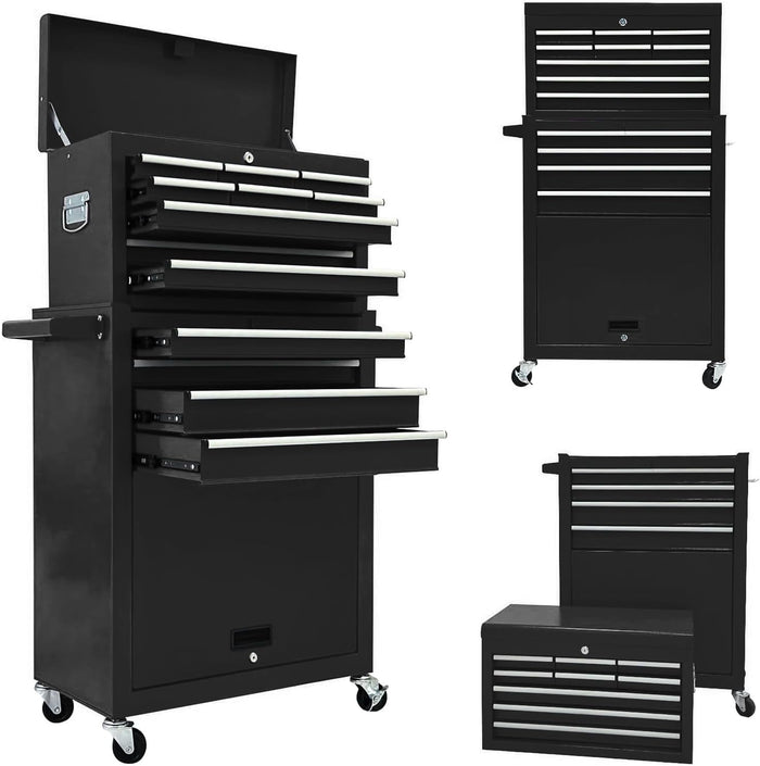 13-Drawer Rolling Tool Chest,Large Toolbox with Wheels, Tool Cabinets with Drawers, Top Detachable Tool Box with Hooks Handles for Workshop Mechanical Garage - Black