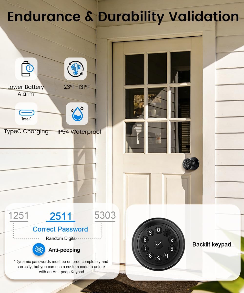 Smart Door Lock,Smart Keypad Door Knob with Lock,Bright Black