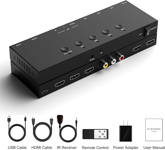 Dingsun 3 Way HDMI 2.0+ RCA to 2 Way HDMI Converter