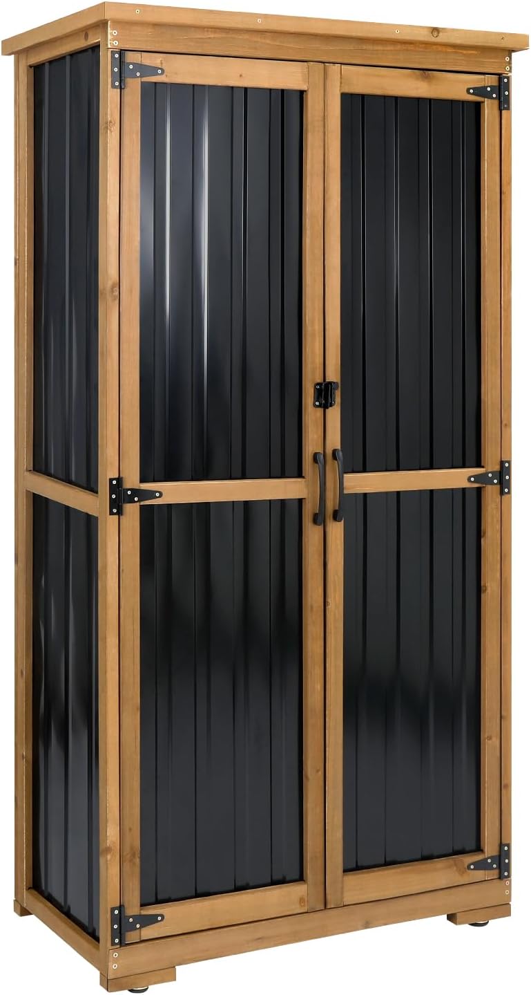 Outdoor Storage Cabinet Wood & Metal with Waterproof Roof, Garden Tool Sh...