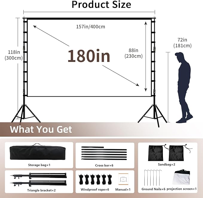 Projector Screen with Stand, Wootfairy 180 inch Portable and Foldable