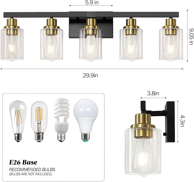 DIKAIDA 5-Light Black and Gold Bathroom Vanity Light, Bathroom Light Fixtures