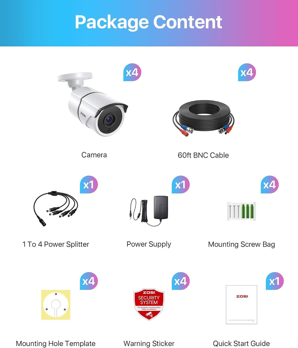 ZOSI 4 Pack 2.0MP 1080P HD-TVI Security Cameras with Audio, 100ft Night Visio...