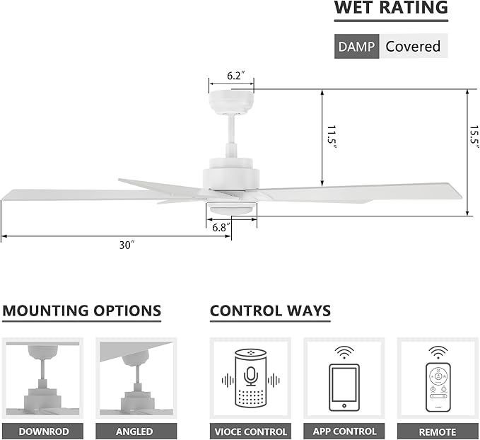 SMAAIR Smart Ceiling Fan with Light, 60inch Indoor and Outdoor ceiling fan with