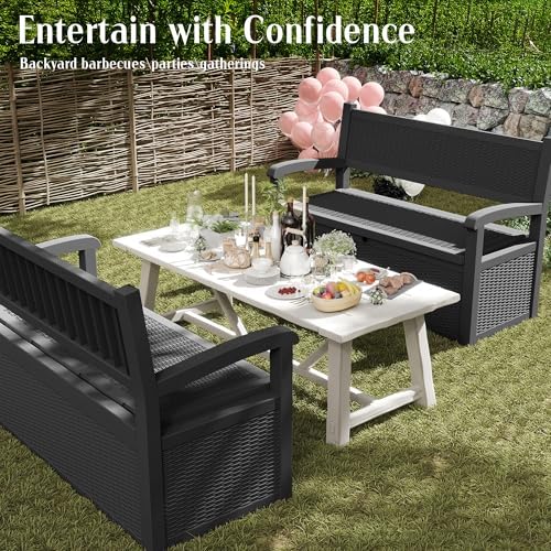 ROJIK 80 Gallon Storage Bench Deck Box Outdoor with Armrests, Resin Storage F...