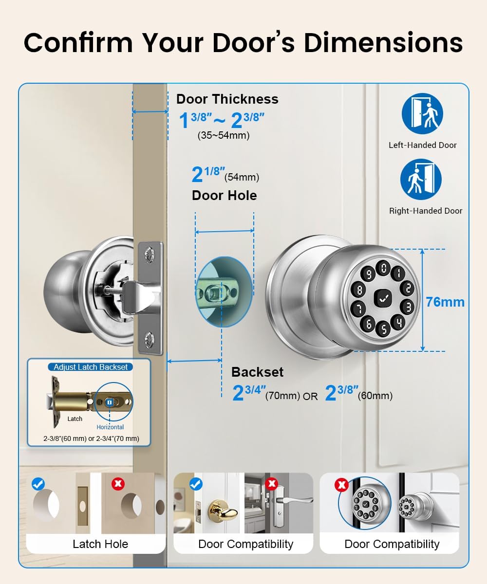KLLOQUE Smart Door Lock,Smart Keypad Door Knob with Lock,Bright Silver