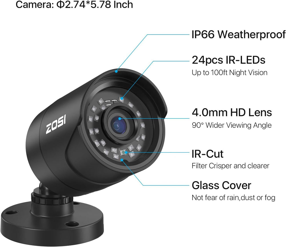 ZOSI 4 x 1080p HD Home Security Camera Outdoor Indoor, 2MP Bullet Camera