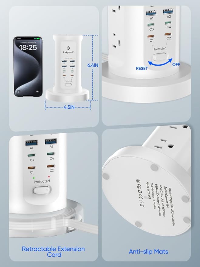 Kakyanill 115W USB Charging Station, Surge Protector Power Strip Tower