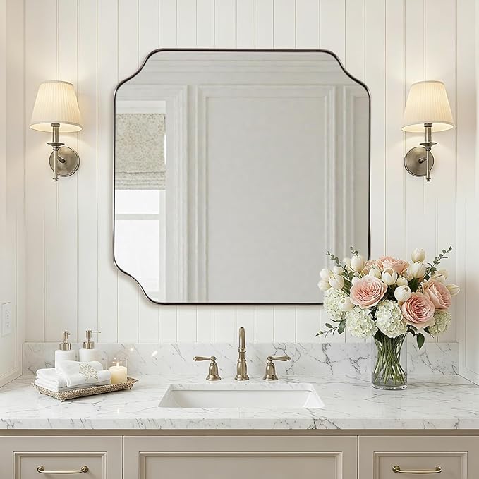 ANDY STAR 24"x24" Brushed Nickel Square Mirror, Modern Scalloped Mi...