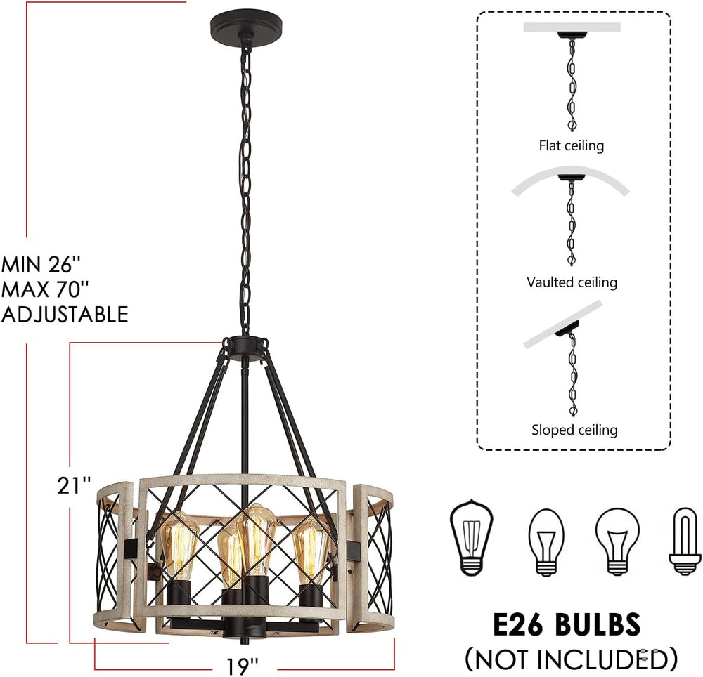 D19'' Farmhouse Chandelier, 4-Light Adjustable Dining Room Light Fixt...
