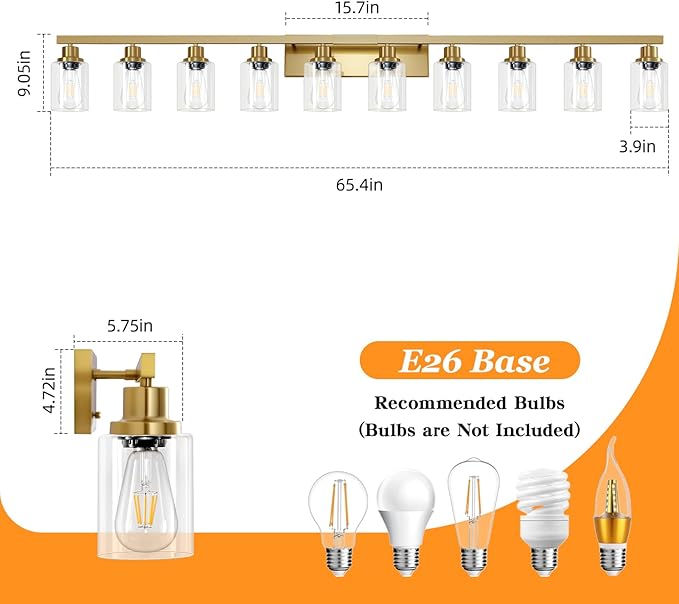 DIKAIDA Gold Bathroom Vanity Light, 10-Light Brushed Gold Bathroom Light