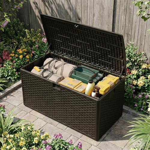 73 Gallon Waterproof Large Resin Deck Box Indoor Outdoor, Lockable Storage Co...
