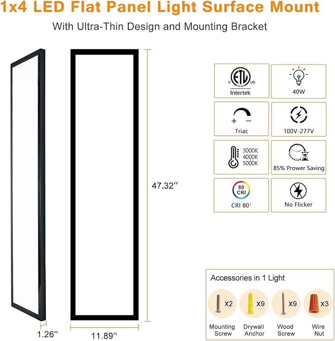 Mcacggo Black 1x4 LED Flat Panel Light Flush Mount 4-Pack, 3000K/4000K/5000K