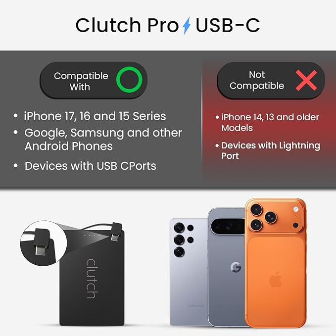 Clutch - Pro USB-C Portable Charger - Compatible - Power Bank Magnetic Battery