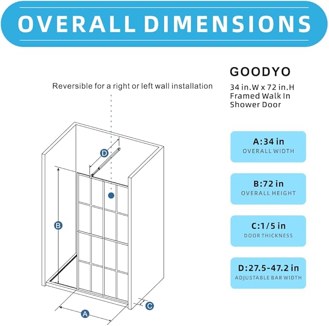 Goodyo 34" x 72" Shower Door Tempered Glass Shower Screen