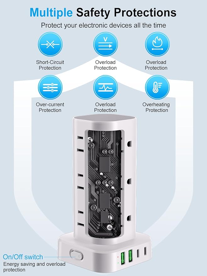 Power Strip Tower with Wireless Charger, Flat Plug Surge Protector Tower with