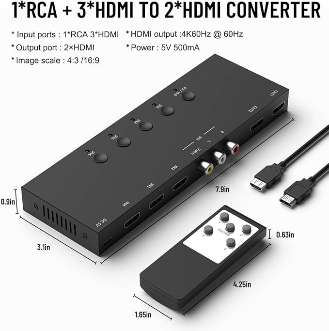 Dingsun 3 Way HDMI 2.0+ RCA to 2 Way HDMI Converter