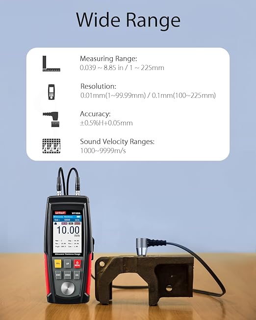 Wintact Digital Ultrasonic Thickness Gauge, Range 0.039 to 11.81 in