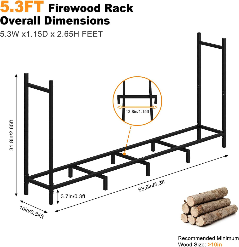5.3ft Black Firewood Rack Outdoor, Heavy Duty Adjustable