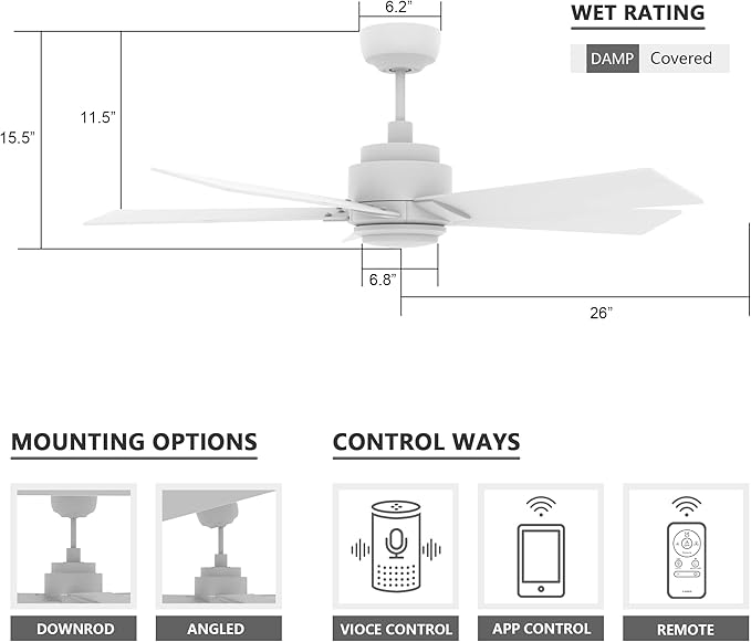 SMAAIR Smart Wifi LED Ceiling Fan, 52inch Plywood Indoor/Outdoor smart ceiling