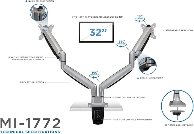 Mount-It! Dual Monitor Arm Mount Desk Stand Two Articulating Gas Spring Height
