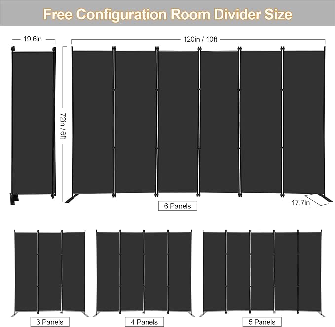 MAYOLIAH 6 Panel Folding Privacy Screen 9ft Wide, 6ft Tall Partition Room