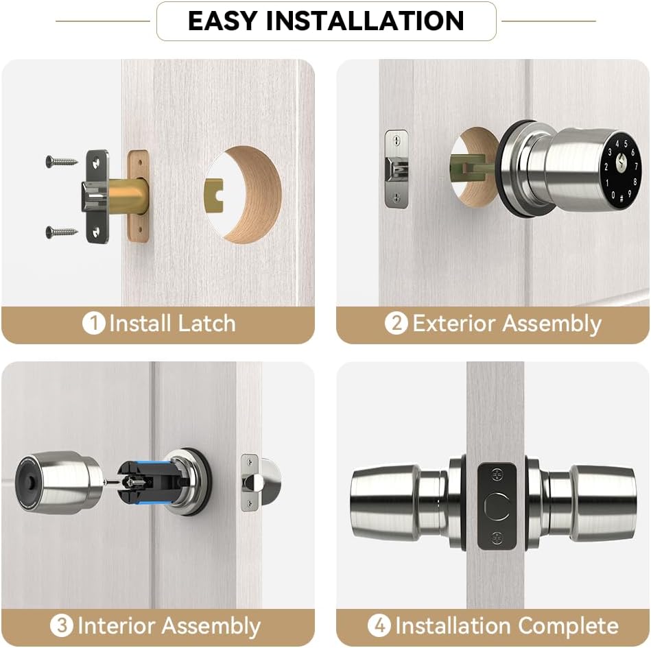 4-in-1 Smart Fingerprint Door Knob with App and Keypad,Satin Nickel