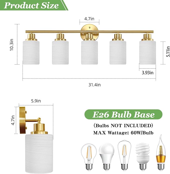Guliaofo 5-Light Vanity Lights, Brushed Gold Bathroom Light Fixture