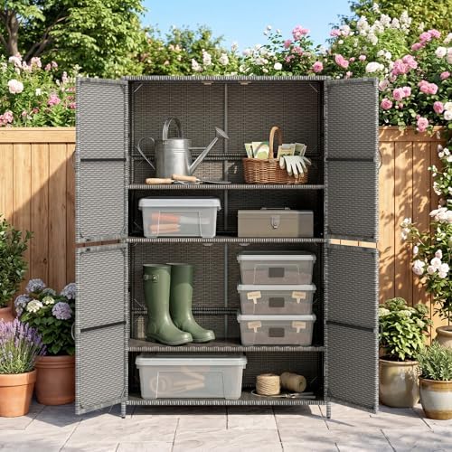 Tangkula Rattan Outdoor Storage Cabinet, Patiojoy Outdoor Cabinet with 2 Adju...