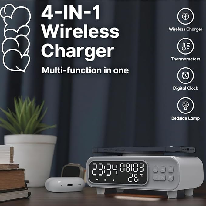 IHAO 5in1 Alarm Clock with Wireless Charging Night Light 15W Fast Charger