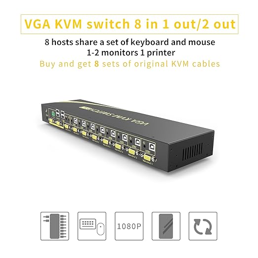 VGA KVM Auto Switch 8 Port in 2 Out Switcher 8x2 Supports Hotkeys, Basic