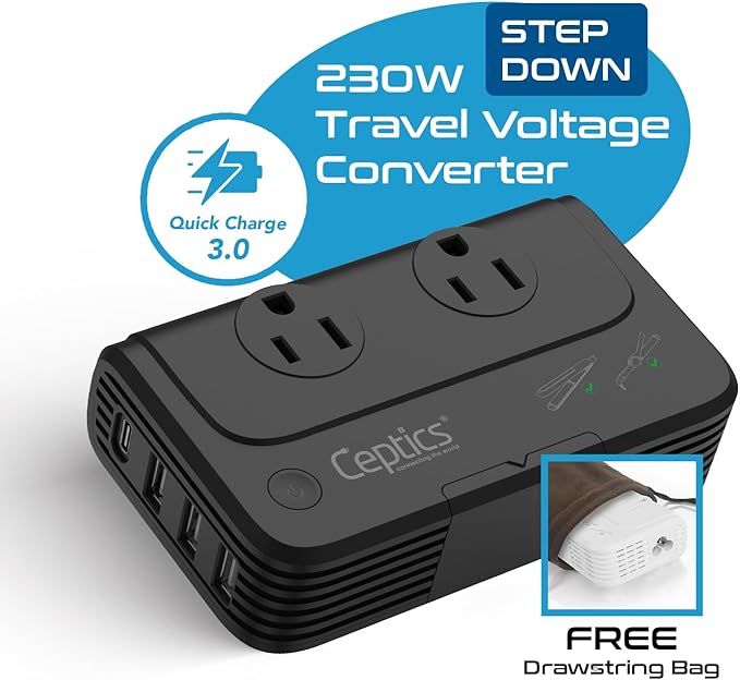 Ceptics - 6 in 1 Travel Adapter and Voltage Converter, 220V to 110V Converter