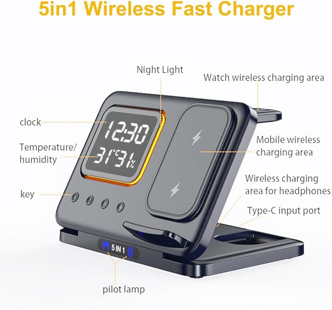 IHAO 5in1 Multi Functional Wireless Charging Station Digital Clock 15W Fast
