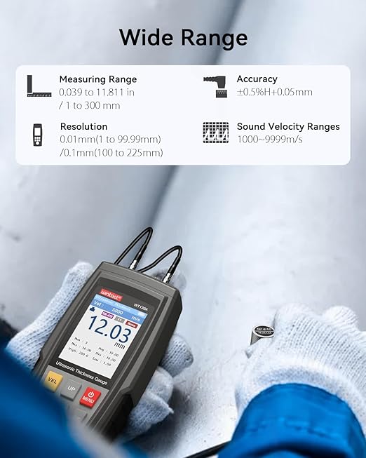 Wintact Digital Ultrasonic Thickness Gauge, Range 0.039 to 11.81 in
