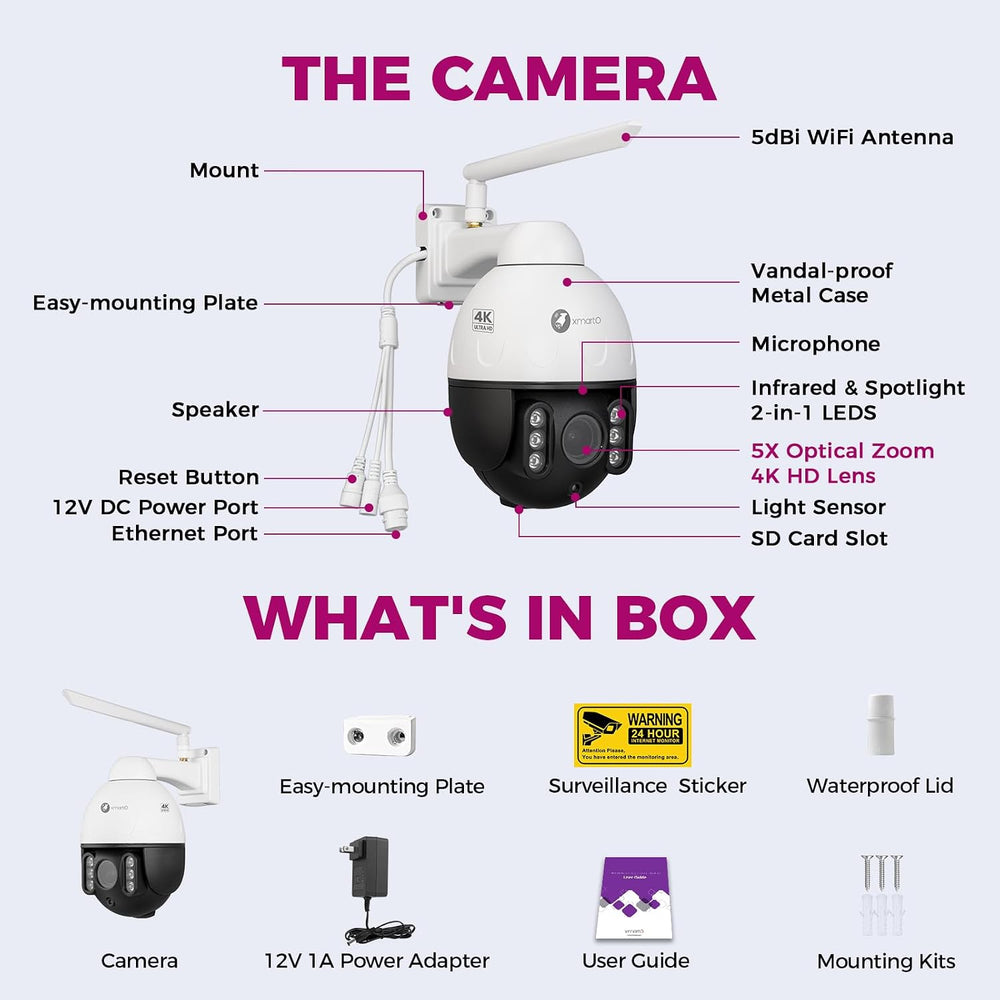 xmartO Vandal-Proof 4K PTZ Security Camera, 5X Zoom WiFi Outdoor Dome Cam