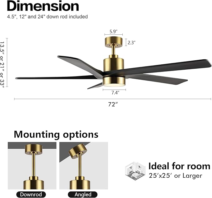 WINGBO 72" DC Ceiling Fan with Lights and 3 Downrods, 5 Carved Wood Blades