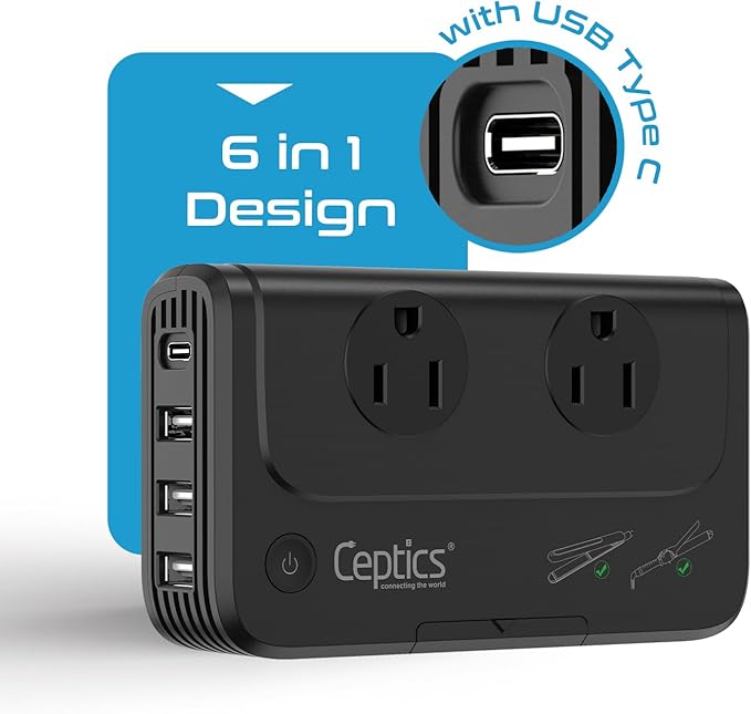 Ceptics - 6 in 1 Travel Adapter and Voltage Converter, 220V to 110V Converter