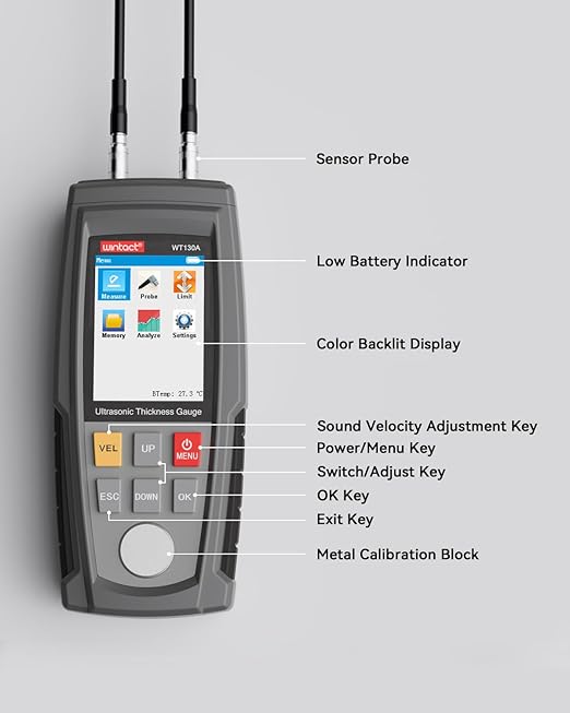 Wintact Digital Ultrasonic Thickness Gauge, Range 0.039 to 11.81 in