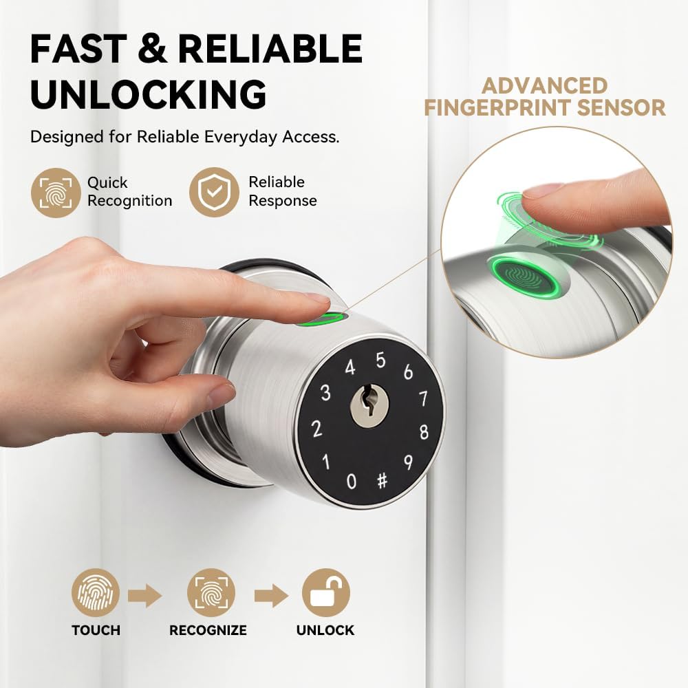 4-in-1 Smart Fingerprint Door Knob with App and Keypad,Satin Nickel