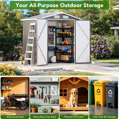 MXV 6x4 FT Outdoor Metal Storage Shed, Lockable Galvanized Steel Tool House w...