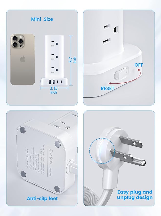 Tower Power Strip with 15W Wireless Charger, 6FT Flat Plug Extension Cord with